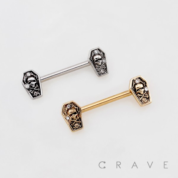 COFFIN-SHAPED ENDS WITH A SKULL ENGRAVE 316L SURGICAL STEEL NIPPLE RING